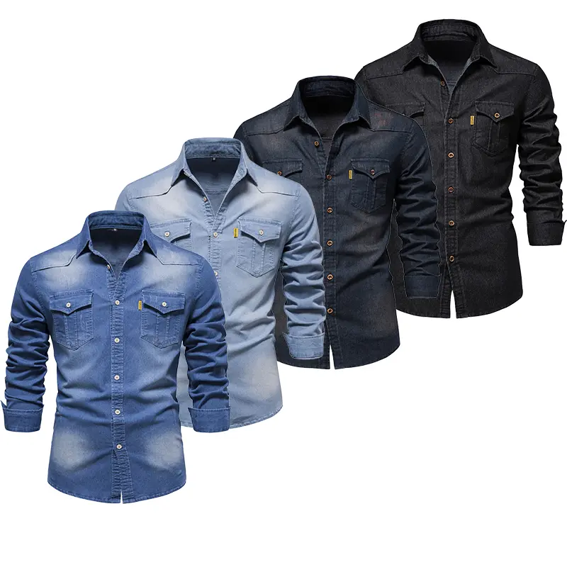 Men's Vintage Wash Chambray Collared Long-Sleeve Shirt - Lightweight Breathable Blue Fitted Casual Top for Street Style, Longsleeves, Shirts
