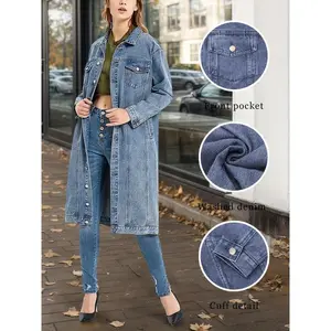Women's Oversized Denim Jacket with Loose Pockets, Full Sleeves, Lapel Collar, Streetwear Style, Long Length, Single-Breasted Closure, Spring/Autumn Casual Coat for Women