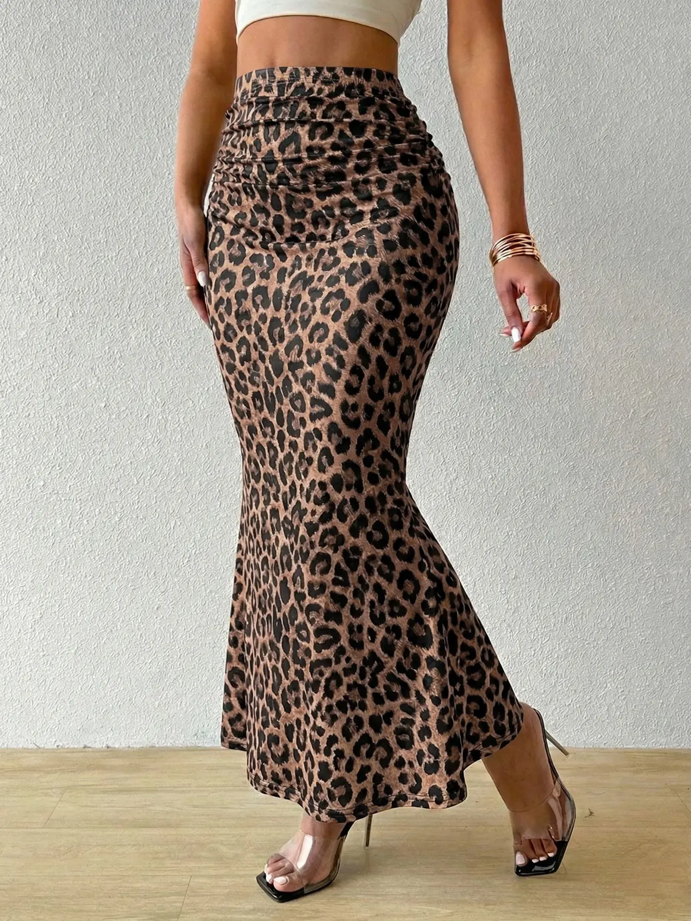 High Waisted Leopard Print Mesh Skirt, Split Design, Slit, Slim Fit, Long Hem, 1 Piece, Versatile Valentine's Day Dress, Elegant Fashionable Women's Clothing, Womenswear, Casual Fitted Skirt
