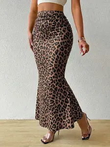 High Waisted Leopard Print Mesh Skirt, Split Design, Slit, Slim Fit, Long Hem, 1 Piece, Versatile Valentine's Day Dress, Elegant Fashionable Women's Clothing, Womenswear
