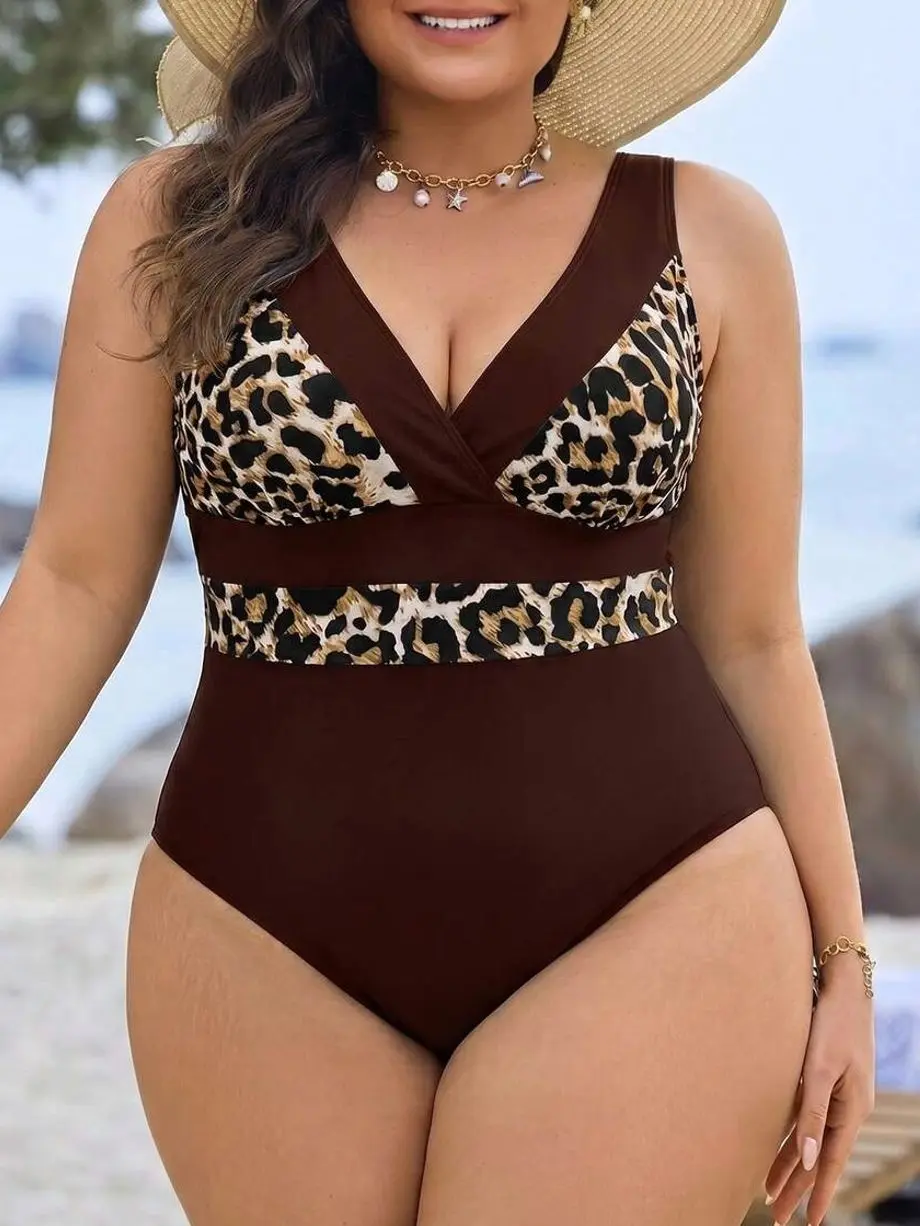 Plus Size One-Piece Swimsuit, Colorblock Vacation Print, Summer Beach Bathing Suit