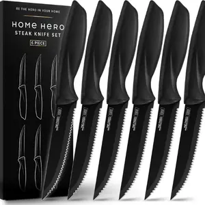 Steak Knives, Sharp Steak Knives Set, High-Carbon Stainless Steel Steak Knife Set, Ergonomic Handles Serrated Steak Knives (6 Pcs - Black)