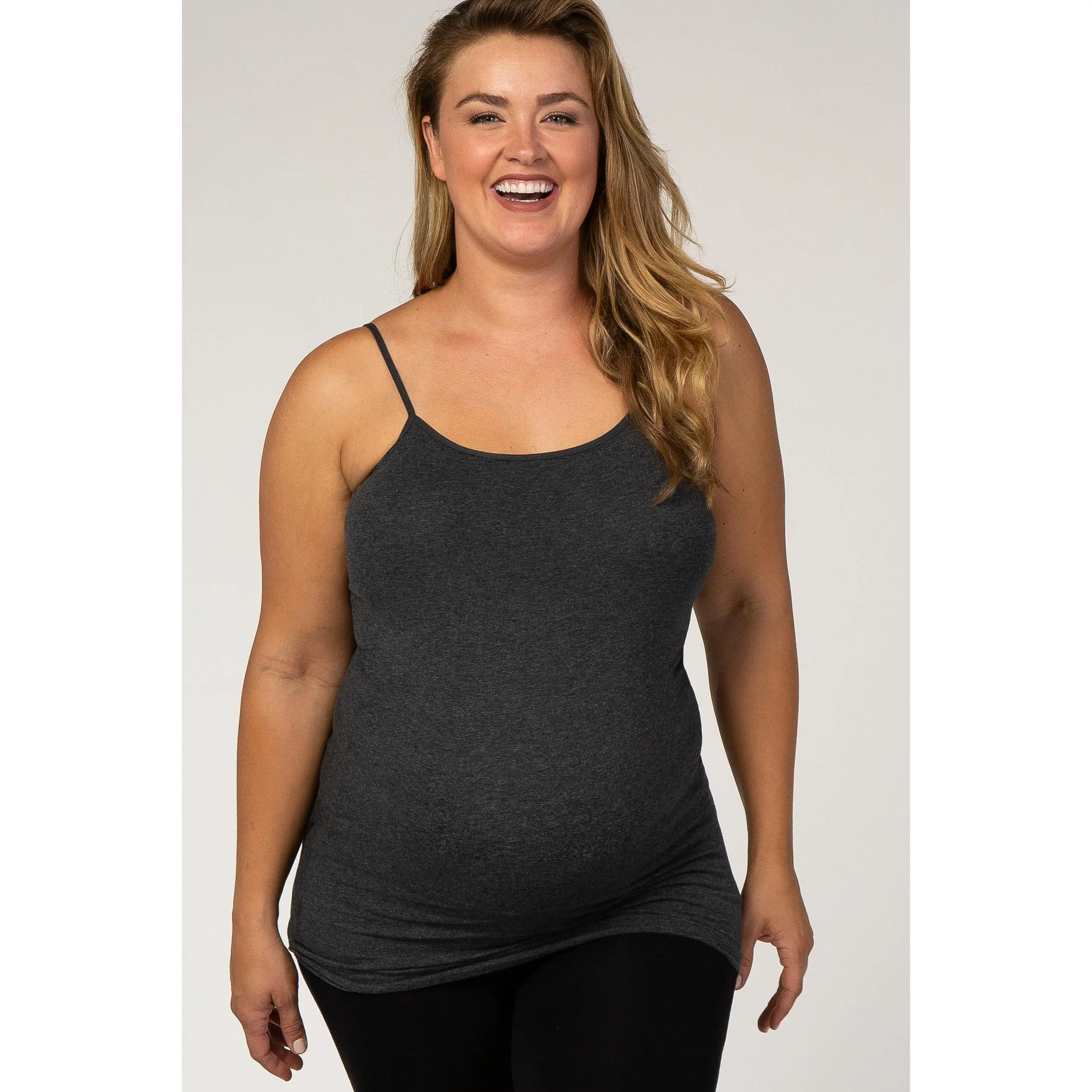 Charcoal Solid Maternity Plus Cami, Maternity Top, Pregnant, Bump Friendly Outfits, Classic, Scoop Neck, Longer Cut