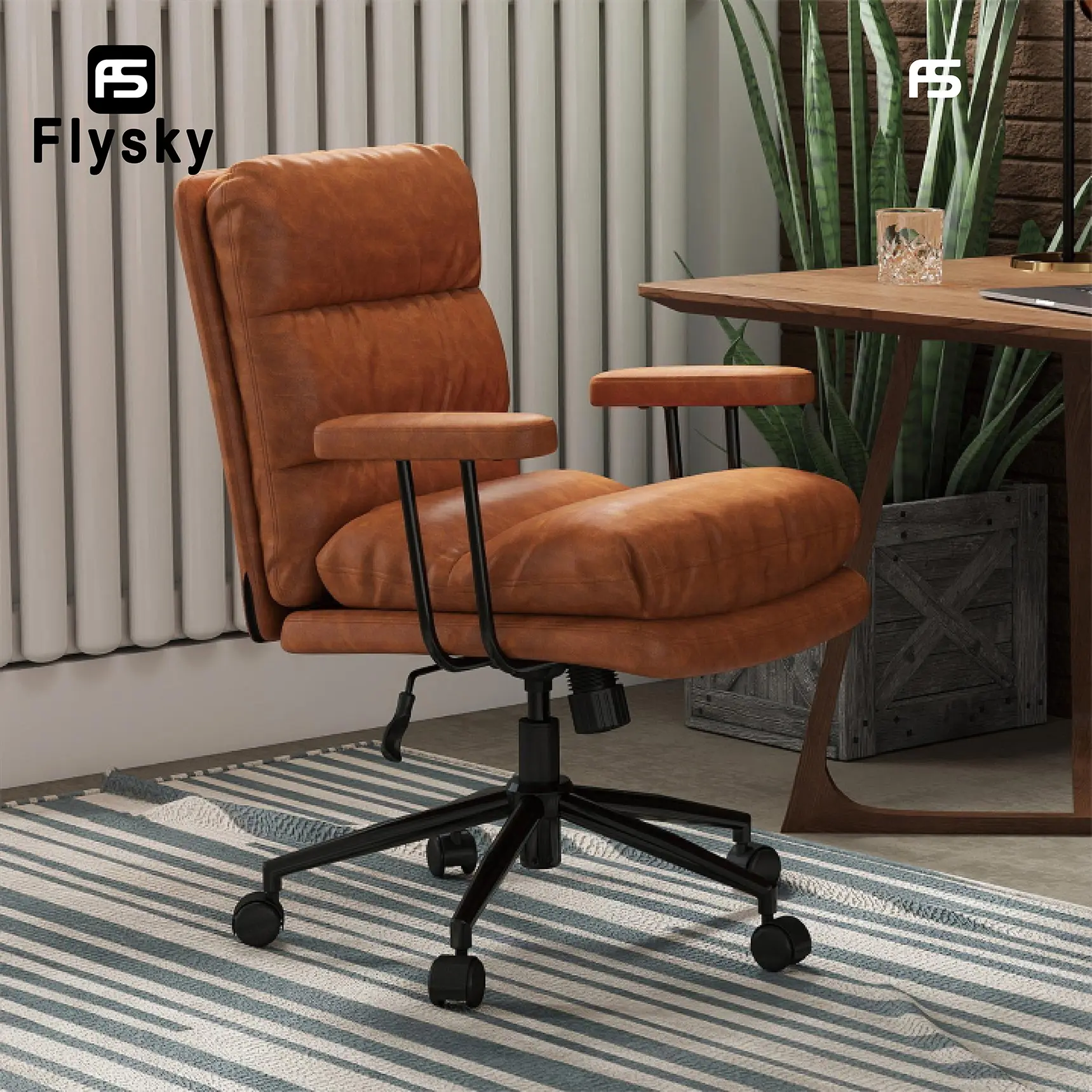 FLYSKY Indoor Furniture Desk Chair with Thicken Seat and Armrests, Leather Office Chair with Adjustable Height, Swivel Computer Chair with Wheels for Home and Work