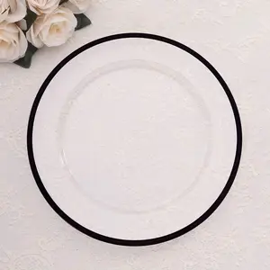 10-Pack Economy Plastic Round Charger Plates 12" in Clear with Wide Black Rim, Decorative Dinner Party Serving Plates