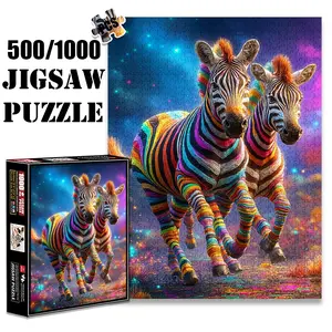 1pc 1000 piece adult puzzle 70x50cm Two Colorful Zebras Running in Magical Landscape 500 pieces of paper jigsaw puzzle, suitable for adults and families, large-scale DIY puzzle interactive toy games