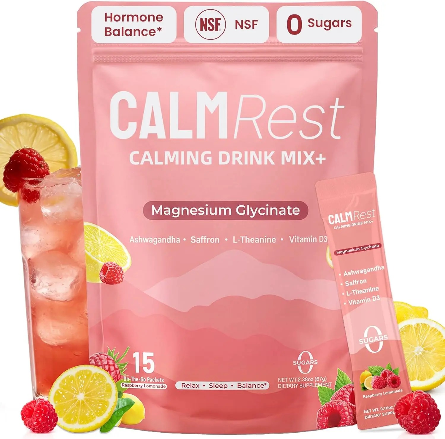 Calm Magnesium Powder Cortisol Supplement for Women, Hormone Balance Support* for Sleep & Relax Supports, No Sugar, Raspberry Lemonade,15Ct Electrolyte Beverage Rehydration