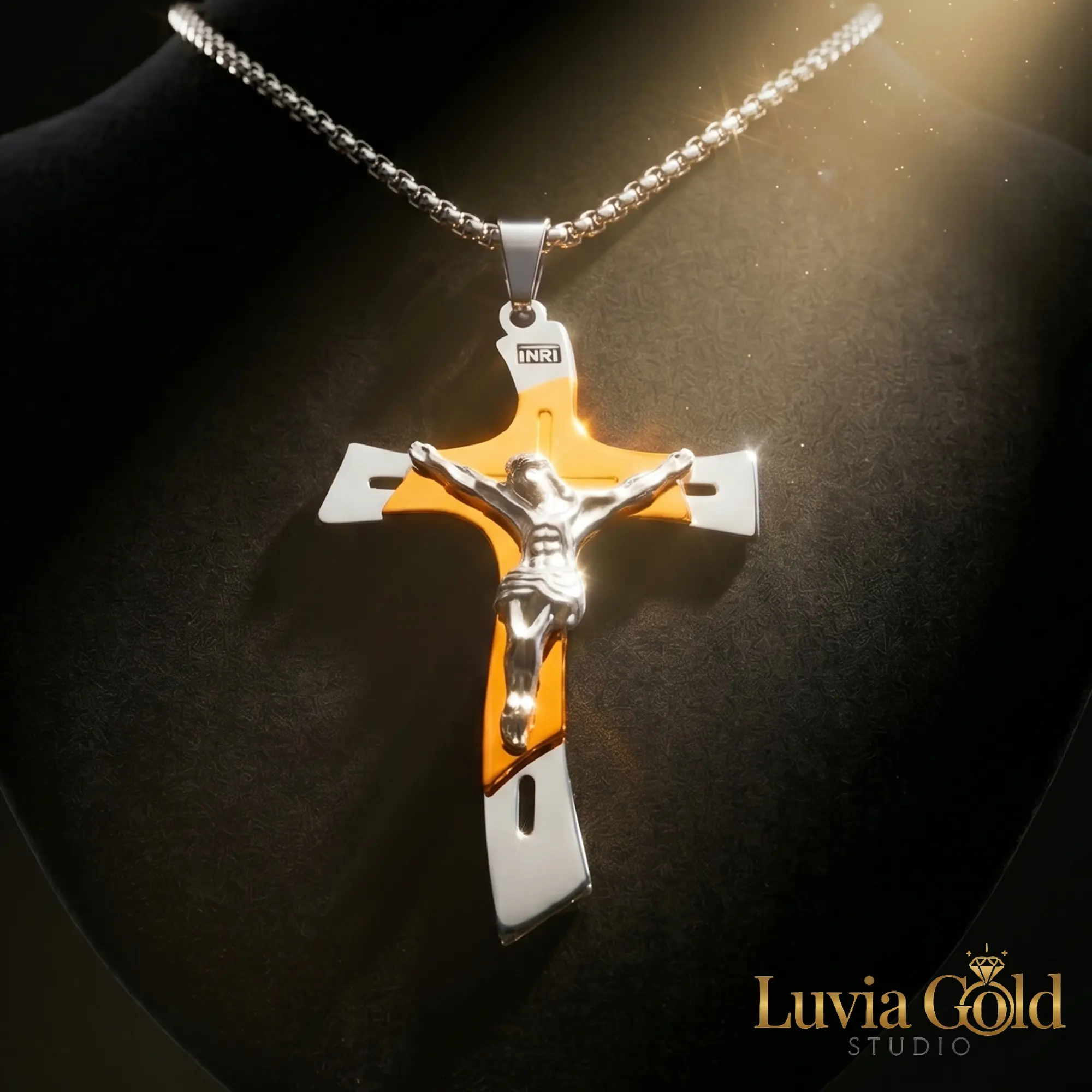Men's 3D Layered Detailed Crucifix Pendant Necklace - 3-Layer Welded, 3D Sculpted Corpus, 2.44in High, 1.50in Wide, INRI Detailing, High-Polish Stainless Steel, Waterproof Non-Tarnish, 24-Inch Venetian Box Chain, Religious Jewelry for Devout Christians, D