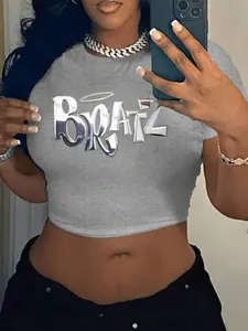 Women's Summer Silver Color Gradient Statement Letter Print Slim-Fit Casual Knit Round Neck Short Top, Stylish & Comfortable Fabric for Daily Wear