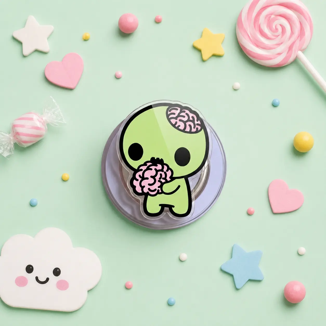 Aesthetic 2D Acrylic Cute Brain Zombie Phone Grip, Spooky Pop Socket, Phone Stand Holder