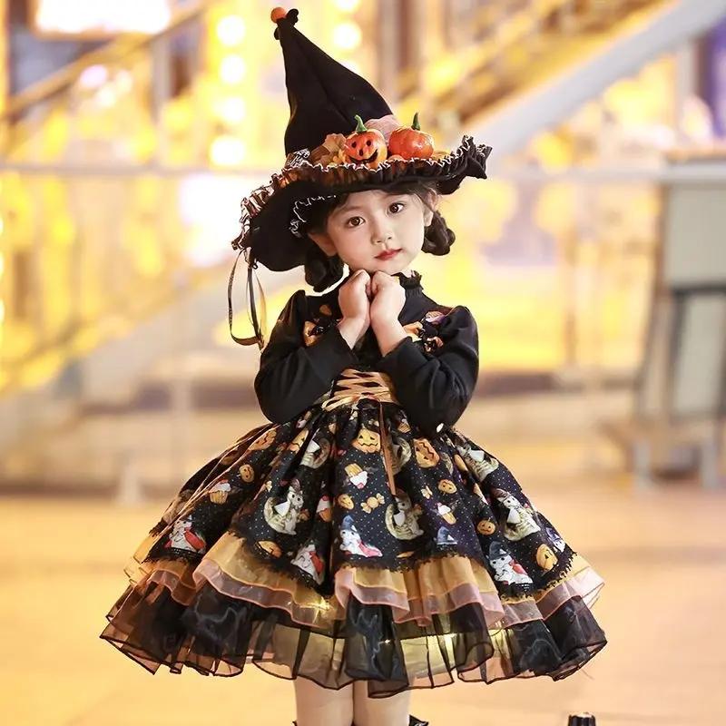 Girls' Spooky Cute Halloween Witch Costume Outfit - Lolita Style, Long Sleeve, 3-12 Years, Pumpkin, Ghost & Bat Prints, Tulle Skirt, Matching Hat, Casual for Trick-or-Treating & Party Photos