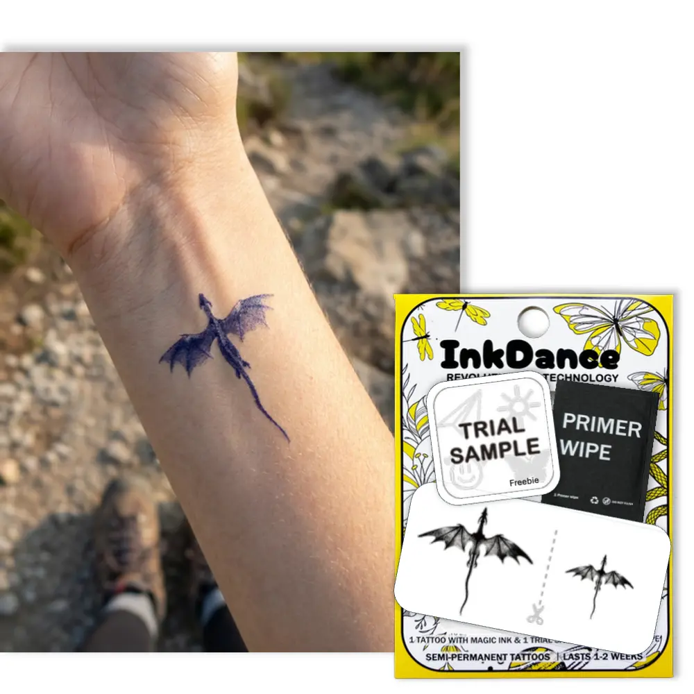 InkDance Semi-Permanent Tattoo, Tiny Flying Dragon, Long Lasting Temporary Tattoos, Waterproof Plant-Based Ink, Lasts 1-2 Weeks, Color Develops in 24 Hours X209, Set of 2