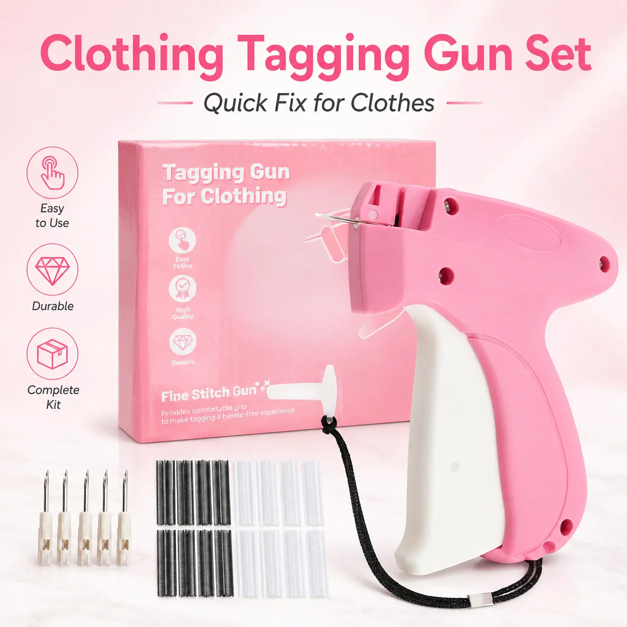 Clothing Tagging Gun Kit, Fine Stitch Fastening Tool with Needles & Black White Fasteners for Garment Tags, Hem, Cuff & Strap Fixes