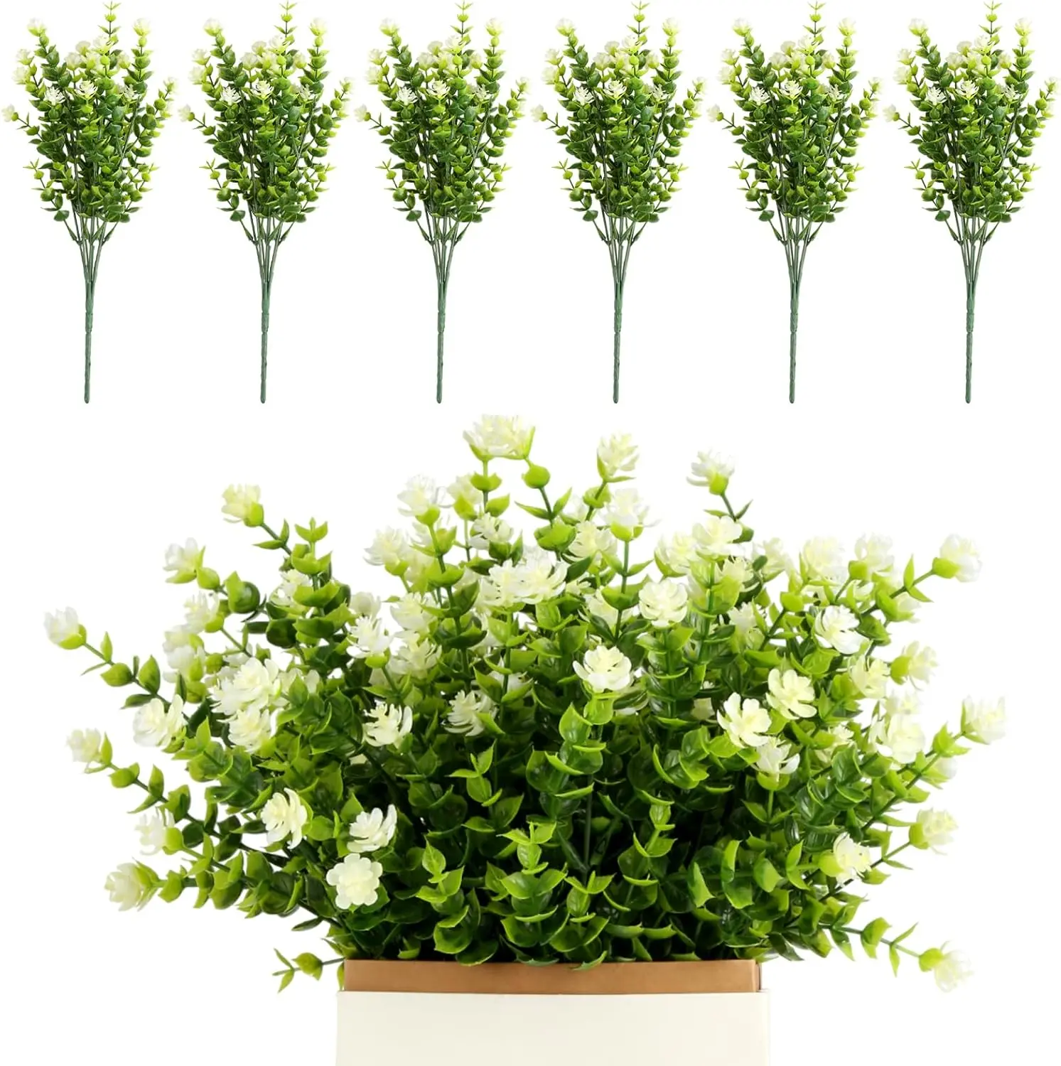 Pack of 6 Artificial Flowers, Artificial Balcony Plants, Fake Flowers Decoration, Indoor Outdoor Plants, UV Resistant, Green Shrubs, Hanging Planter, Decoration for Home and Garden