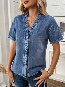 Women's Ruffle V-Neck Denim Top Blouse, Short Sleeve Single Button Loose Fit Jeans Shirt, Elegant Casual Style, Perfect for Everyday Wear