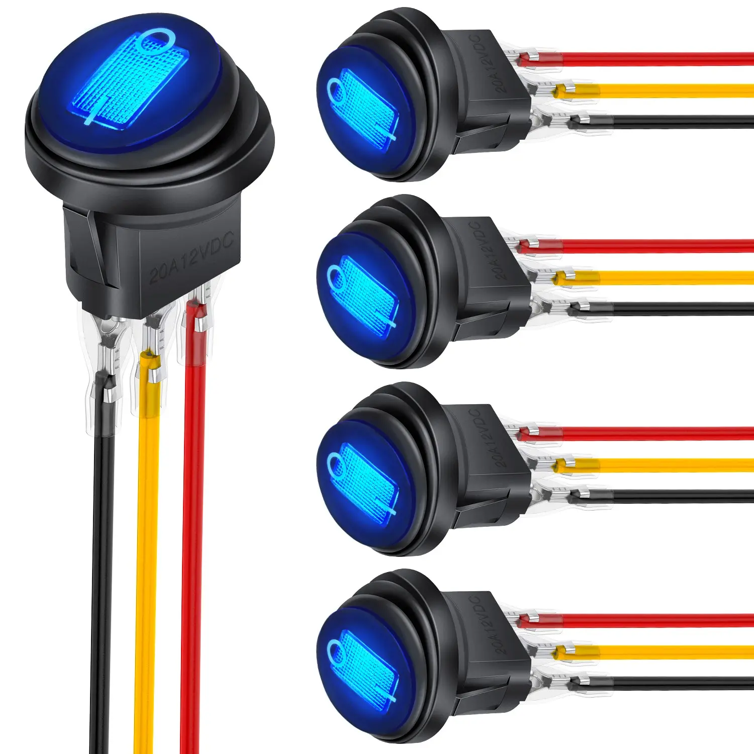 Nilight 5-Pcs Round Waterproof LED Metal Toggle Switches - 12V 20A 3-Pin SPST ON-Off, Snap-In Design, Locked Terminal Jumper Wires for Car, Boat, Marine Automotive Applications
