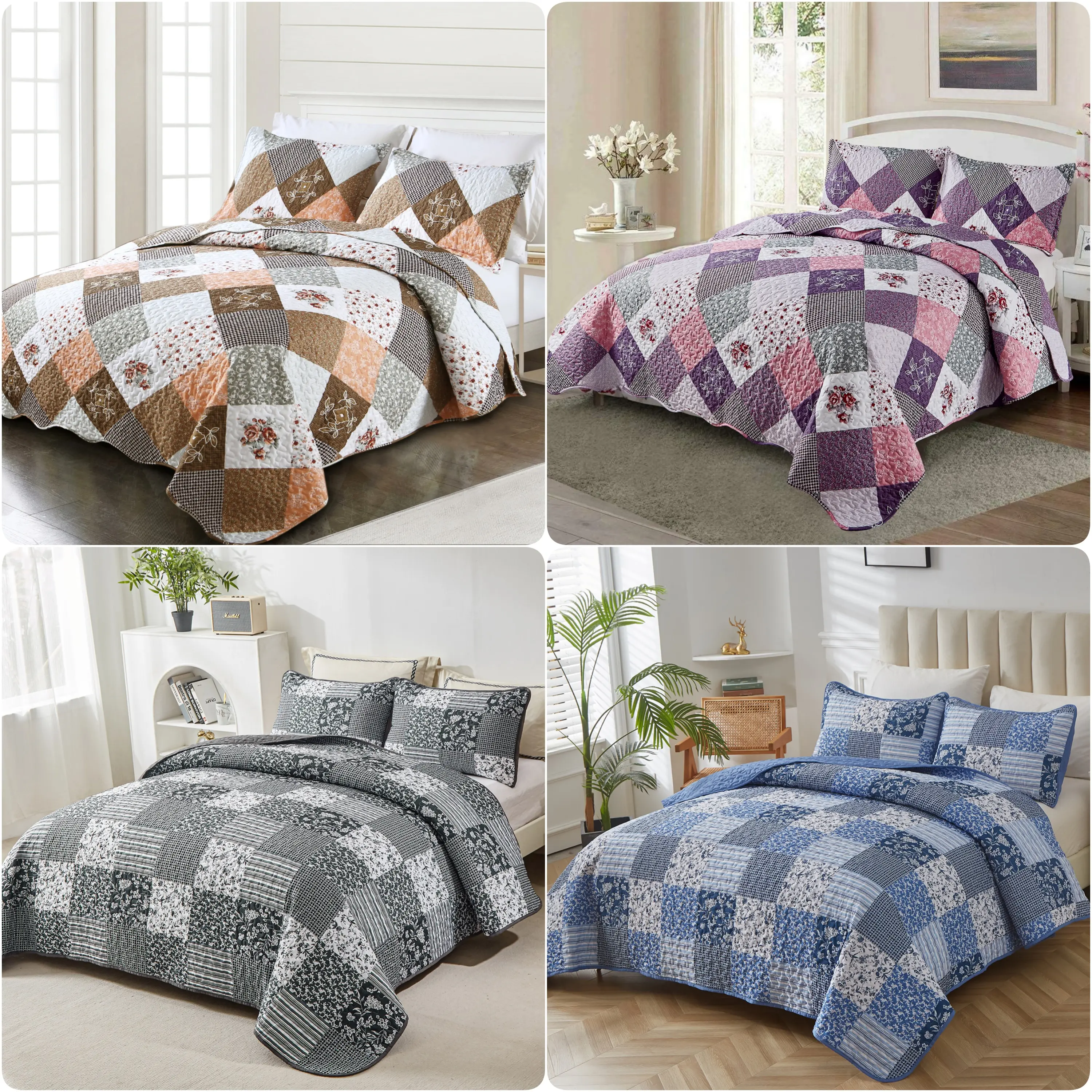 3-Piece Queen-King Size Microfiber Quilt Set, Boho Plaid Floral Bedding Coverlet, Lightweight Breathable All-Season Bedroom Bedding, Soft Bedding Sets, Bedroom Bedding Set