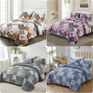 3 Pieces Queen King Size Quilt Set Boho Plaid Floral Bedspread Set Microfiber Lightweight Bohemian Checked Bedding Coverlet Set for All Season