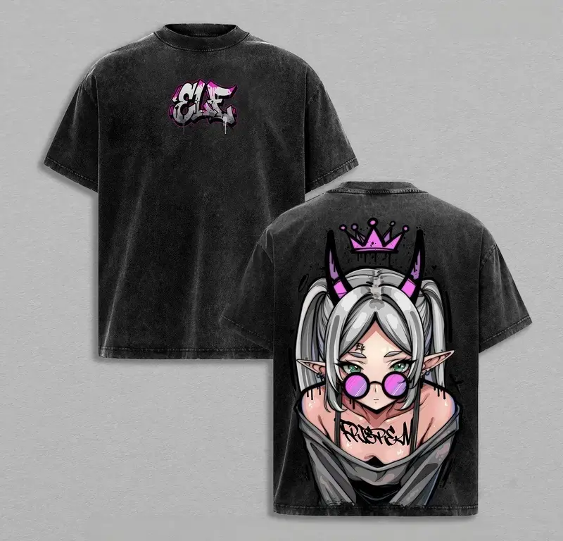 Frieren Streetwear Vintage Washed Anime T-Shirt | Demon Elf Girl Purple Crown Graphic Tee | Oversized Retro Shirt | Heavy Cotton Grunge Gift for Frieren Fans Menswear Top Man Tshirt Crewneck Tropical,sports novelty tee,short sleeves