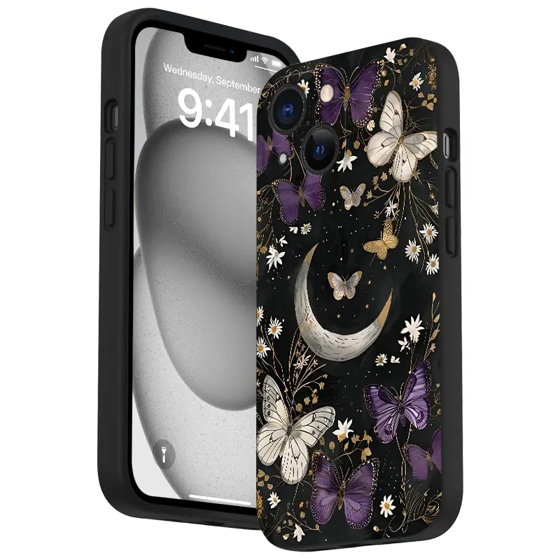 Vintage Butterfly Moon Pattern Straight-Edge Silicone Phone Case for iPhone 16/15/14 Pro Max/13/12/11/XR/XS Plus, Shockproof Drop-Protective Rugged Durable Mobile Phone Accessories Cover