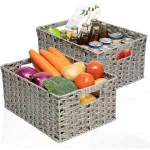 Wicker Baskets 2 Pack, Wicker Storage Basket with Handles, Large Wicker Baskets for Storage, Waterproof Wicker Baskets for Organizing, Large Storage Baskets Wicker 15" and Medium 14", Grey