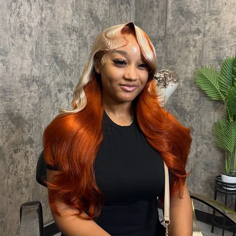 13x4 Transparent Lace Front Highlight Orange Blonde Human Hair Wigs Pre Plucked Body Wave Wig Thin Lace Frontal Brazilian Hair Wig for Women 180% Density Can Be Restyled