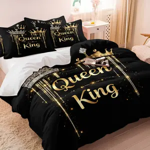 2/3Pcs "King Queen" Crown Duvet Cover Set No Filler, Black Gold Glitter Printed Bedding Set, Romantic Soft Comforter Cover for Couples Bedroom, Luxury Royal Style for Bedroom & Wedding Decor