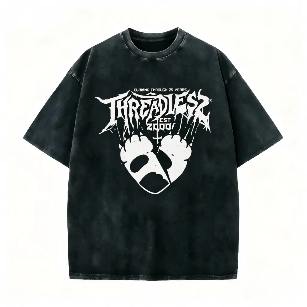 Iconic Threadless tee. White claw marks & skull logo with CLAWING THROUGH 25 YEARS slogan on washed black cotton. Perfect for streetwear collectors & metalheads. Soft oversized fit—grab this legendary drop now! #threadl