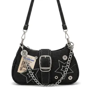 Y2K Baddie Denim Shoulder Bag    Vintage Poster Print Chain Baguette Purse casual bum multi-color selection all match bag