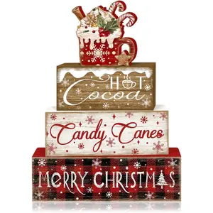 4-Piece Christmas Layered Tray Decor Set Hot Cocoa Candy Cane Stack Blocks Sign Rustic Farmhouse Table Decor Suitable for Dining Tables & Home Offices (Hot Cocoa Theme)
