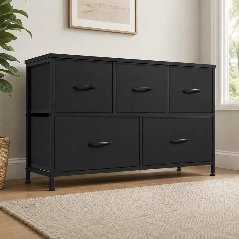 5-Drawer Fabric Storage Cabinet with Metal Frame & Wood Tabletop, Ideal for Living Room, Bedroom, Lab Use, Available in Brown, Black, Gray, White