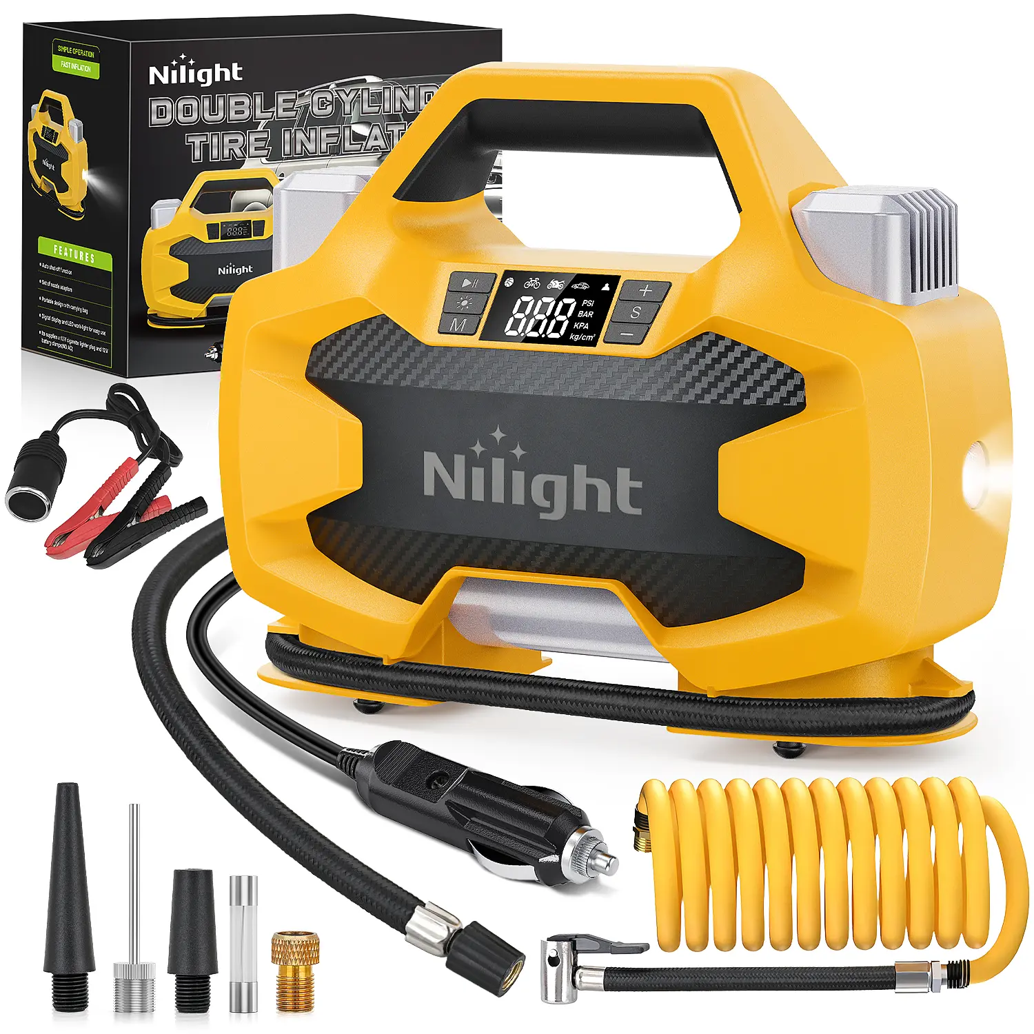 Nilight Portable DC 12V Tire Inflator Dual Cylinders and Dual Motors 150PSI | Heavy Duty Tire Pump Air Pumps Auto Shutoff with Screen and LED Light Air Compressor for Pickup Truck ORVs SUVs Cars
