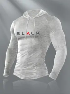 Men's Hooded Long Sleeve T-Shirt, Casual Slim-Fit Summer Top, Moderate Fabric Thickness, H Type Silhouette, Kint Style, Knit