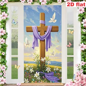 Easter Theme Door Banner, Wooden Cross, Dove, Lily, Curtain, Mini Easter Eggs, Indoor Outdoor Decoration, Backdrop Picture
