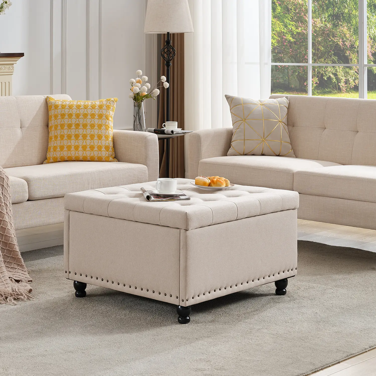 Tbfit Tufted Upholstered Furniture Ottoman Bench - Large Linen Hidden Storage (30" Space) with Wooden Legs, Quick Setup Multifunctional Storage Table Footstools & Ottomans for Living Room