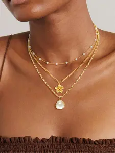 Hothty Gold Layered Charm Necklaces for Women, Dainty Stackable Simple Waterproof Choker Necklace Seashell Pearl Beach Necklaces Set Jewelry Gifts Pearl Chain Necklace