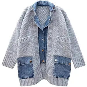 Women’s loose denim patchwork winter knitted cardigan — versatile faux two-piece design