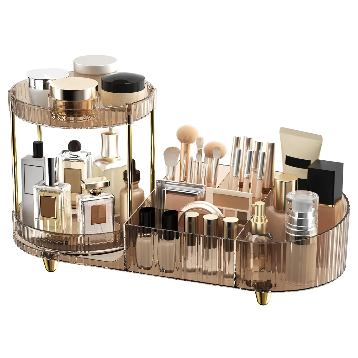 360-Rotating Acrylic Cosmetic Organizer for Baby Vanity Countertop, Transparent Storage with Adjustable Shelves and Cosmetic Brush Holder