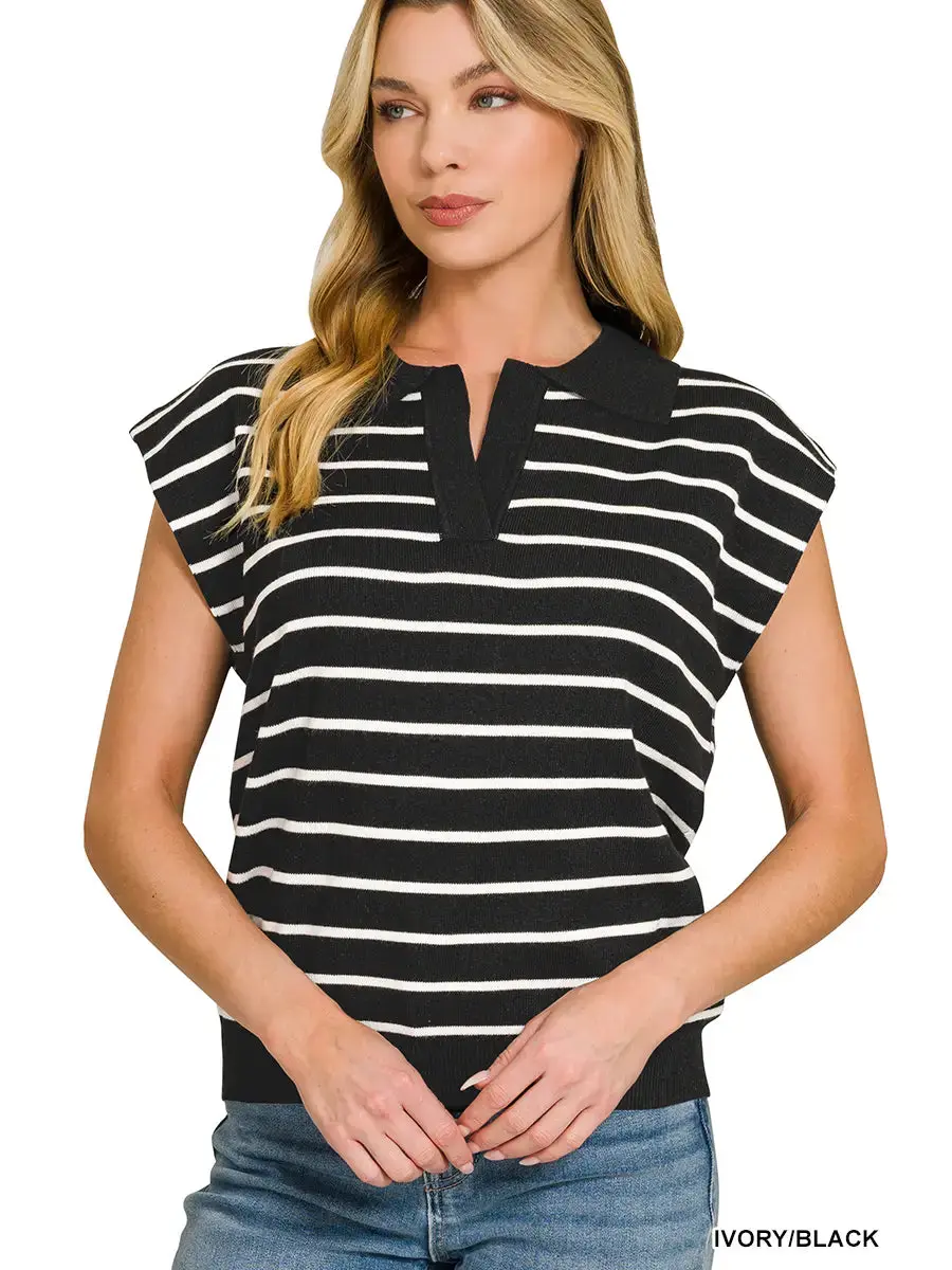Striped Collared Sweater Vest - Ivory/Black