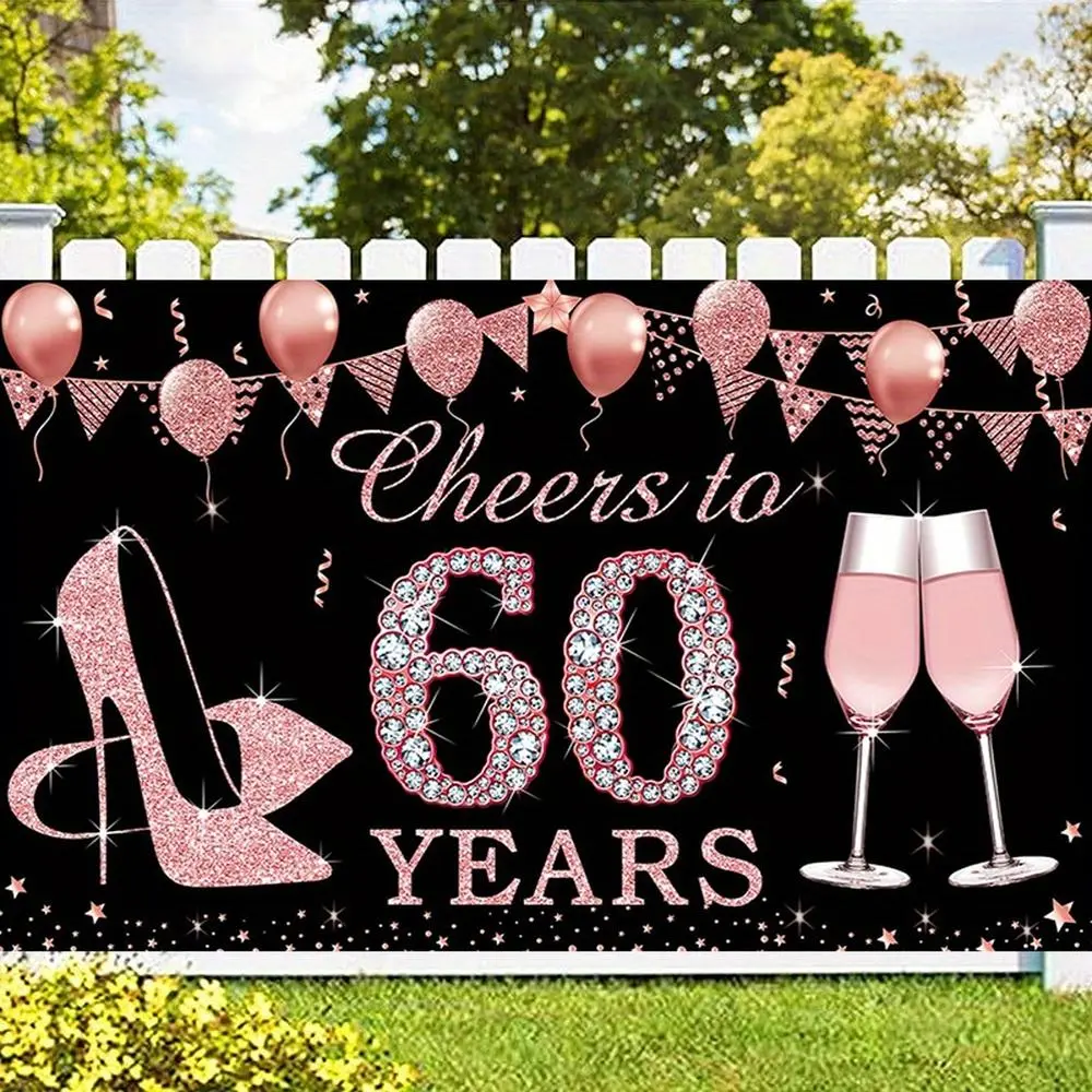 Rose Gold 60th Anniversary Photo Booth Backdrop Banner - Chic, Durable 1-Piece Festive Party Supply for Women, Large 60-Year-Old Cheers Sign for Home & Room Decor