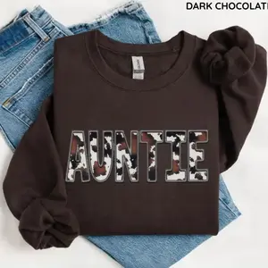 Women's Fitted Printed Soft Cotton Fabric Casual Wear Cow Auntie Sweatshirt - Western Aunt Top, New Aunt Pregnancy Announcement Gift