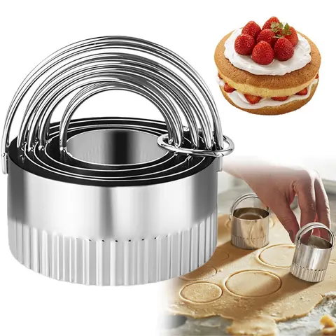 5-Piece Round Biscuit Cutter Set with Handles, Stainless Steel Cookie Dough Cutter with Fluted Edge for Kitchen Baking & Cakes, Home Baking Utensils and Supplies, Baking Tools