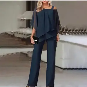 Mother of Bride Pant Suits Plus Size Half Sleeve 2 Piece Chiffon Pantsuit Formal Wedding Guest Outfit(Sheets)