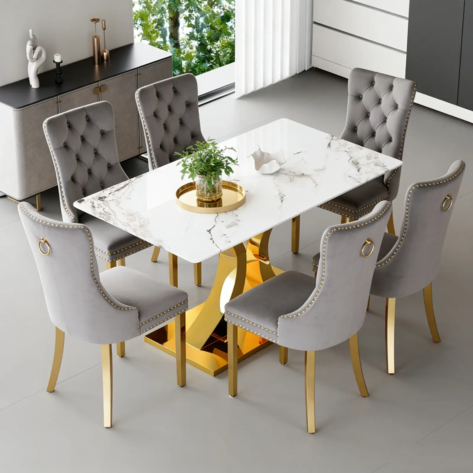1 Table+6 Gray Golden Metal Legs Chairs