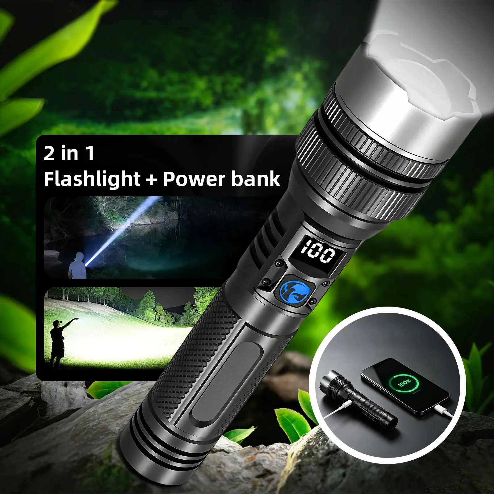 2pcs 2-in-1 Strong Flashlight (Power Bank)，Digital display of power, Rechargeable，Zoomable, , X4Waterproof, Adjustable Brightness Flash Light for Outdoor, Emergency, Camping Accessories，Black DealsForYouDays
