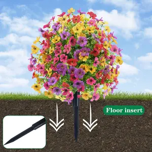 Artificial Topiary Ball Tree with Ground Spike, 23 Inch UV Resistant Decorative Faux Violet Shrubs, Fake Evergreen Artificial Plants Flowers for Outdoor Indoor Garden, Decor