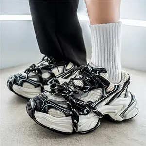 UYCEKK Retro Style Distressed Black and White Contrasting Thick-Soled Dad Shoes| Fashionable and Trendy Casual Shoes, Breathable Sports Shoes for Teenagers, Thick-Soled Anti-Slip Lace-Up Design, Daily Street Out/Casual Travel, Fabric Upper and Rubber So