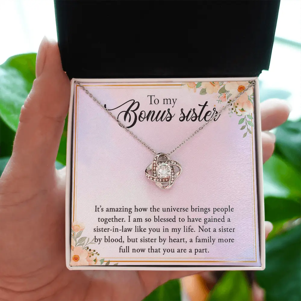 Bonus Sister Necklace Gift, Silver Love Knot Pendant Jewelry for Sister-in-Law, Meaningful Blended Family Birthday Wedding Christmas Gift with Message Card & Gift Box