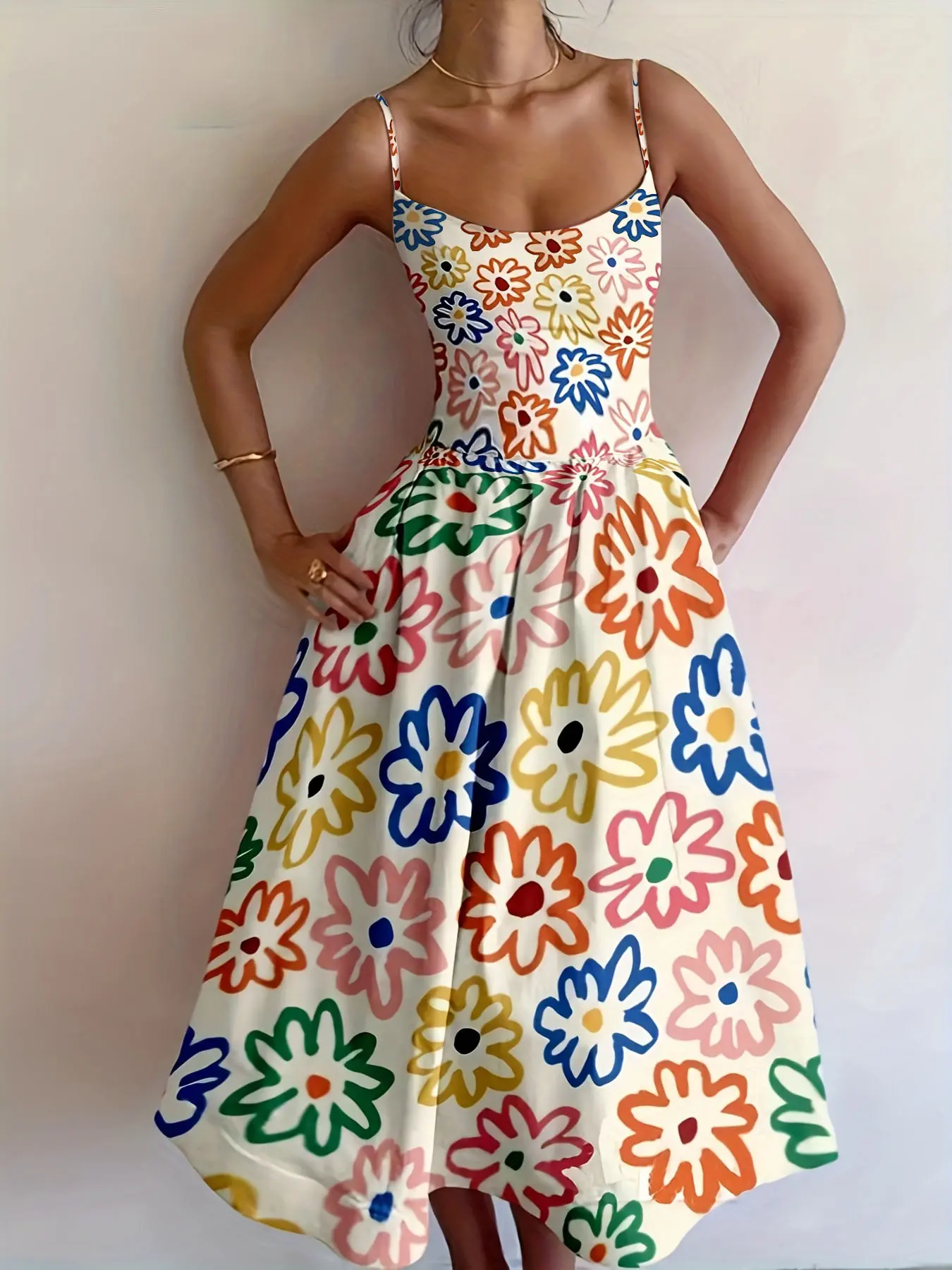 Fresh Floral Print Vacation Dress, Colorful Flower Pattern Strap Dress, Perfect for Holiday Wear, Stylish Summer