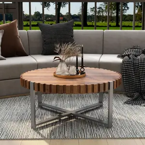 31.4-inch living room circular coffee table, modern natural wood grain handmade drum shaped coffee table, wooden Felief coffee table, sturdy base coffee table